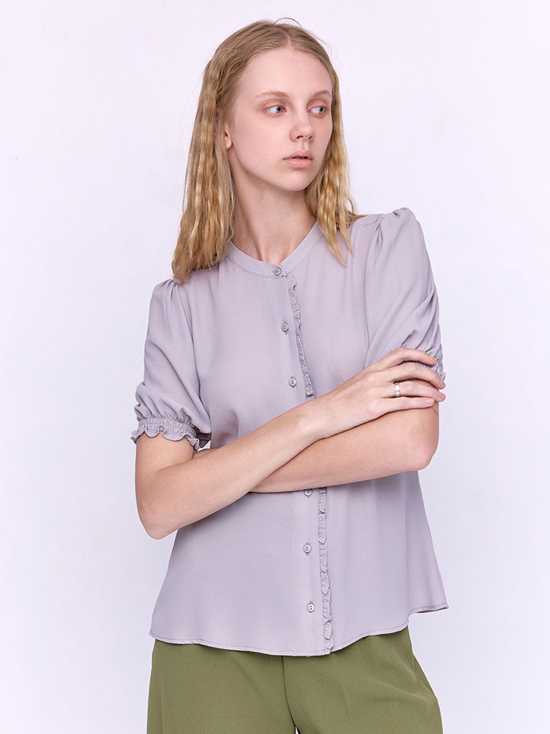 

COVER STORY Women Mandarin Collar Solid Casual Shirt, Grey