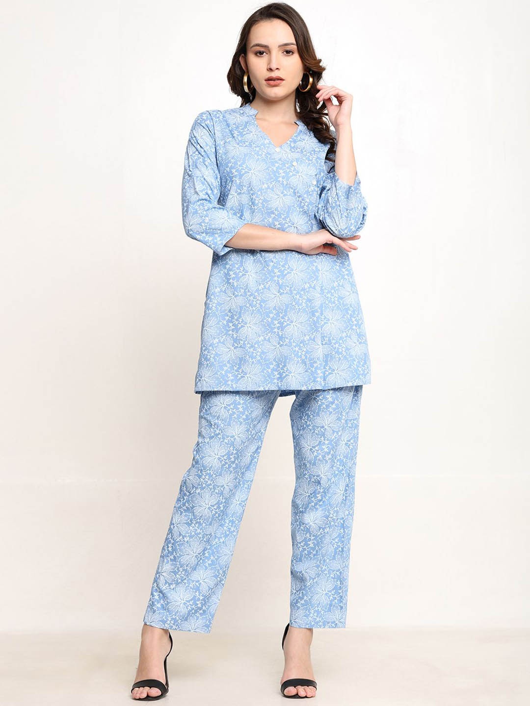 

CORDSET Floral Printed Mandarin Collar Three-Quarter Sleeves Pure Cotton Top & Trouser, Lavender