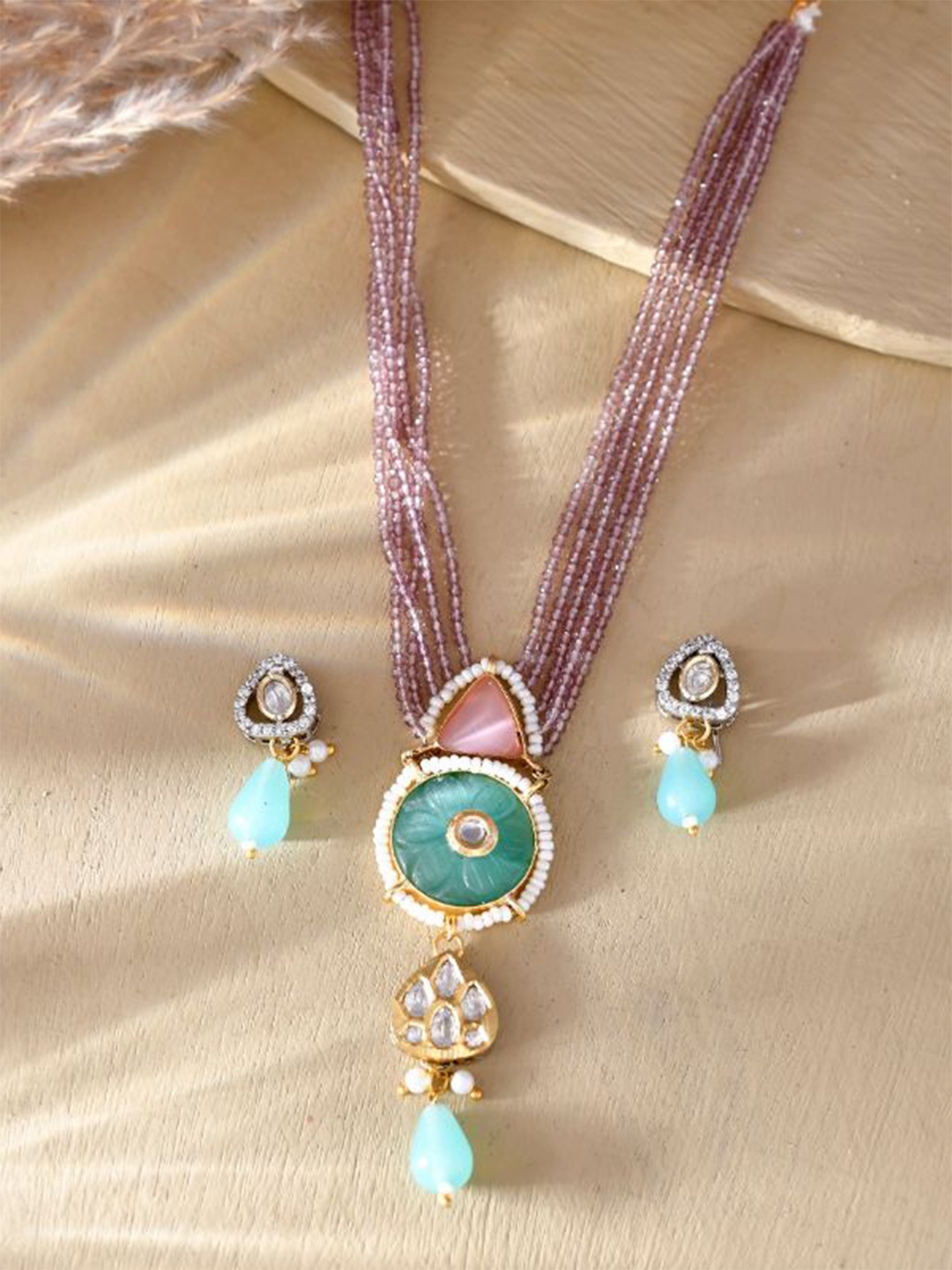 

DASTOOR Gold Plated Bead & Stone Studded Necklace and Earrings
