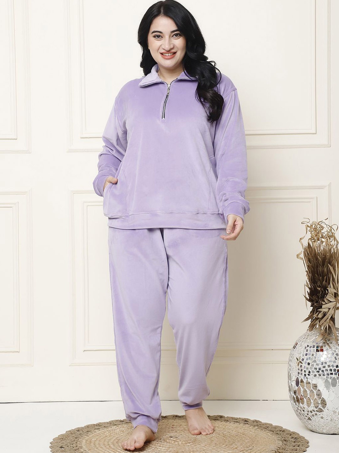 

TAG 7 Women Solid Shirt Collar Night Suit, Lavender
