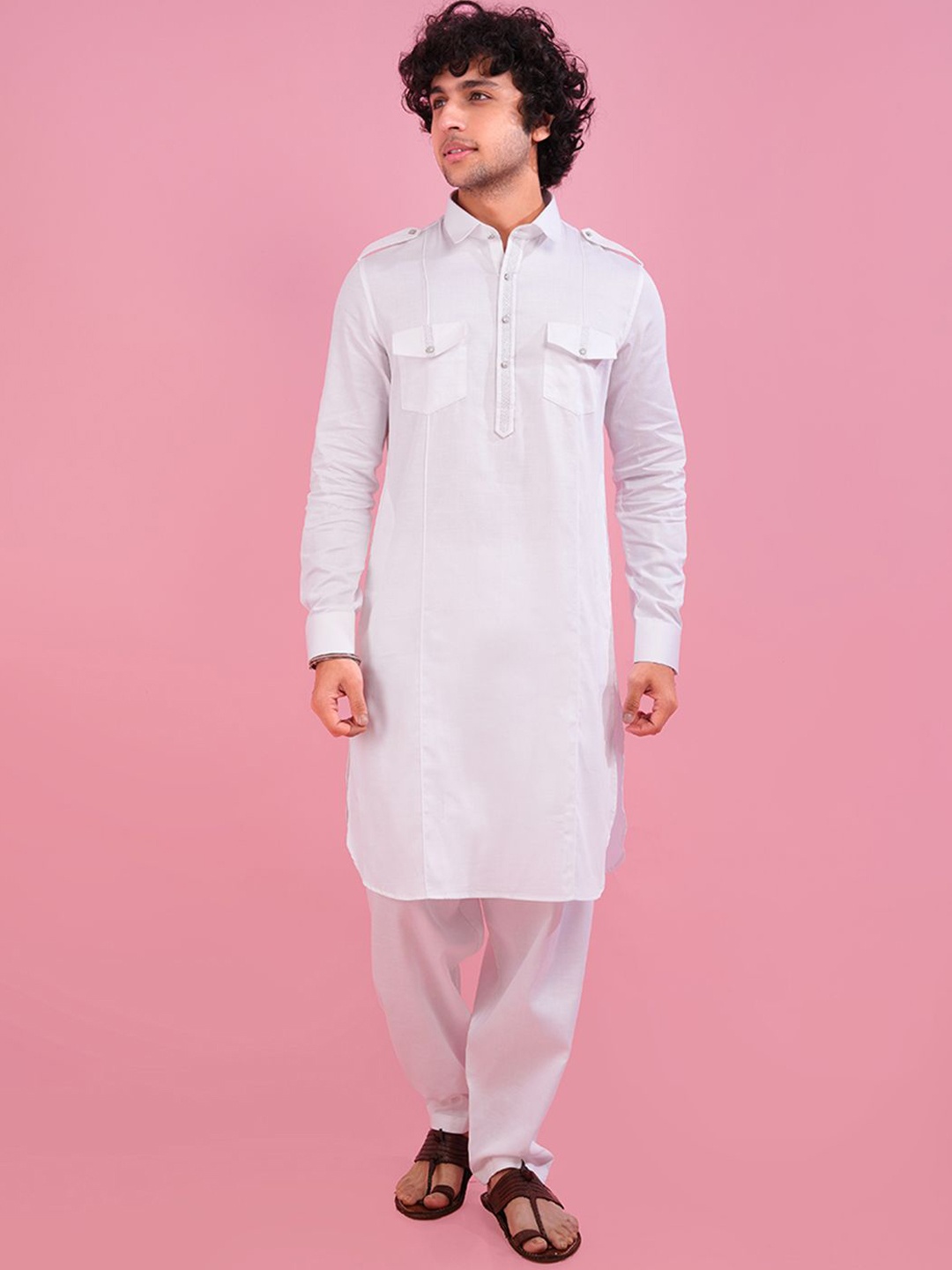 

azania Men Thread Work Pathani Kurta, White