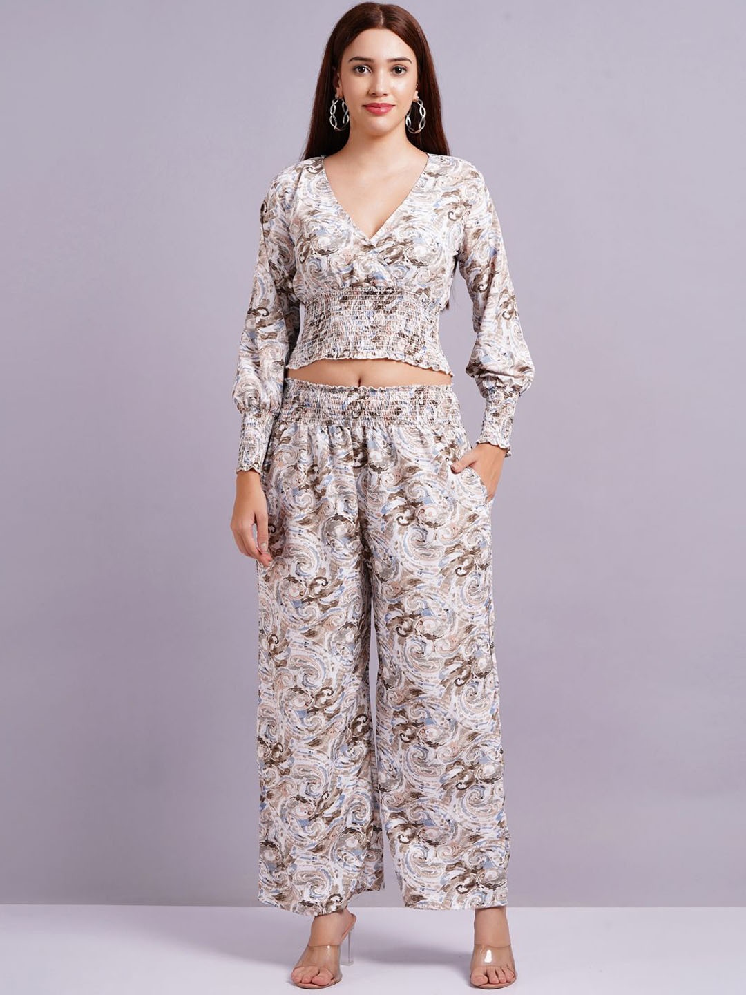 

JC4U Printed V-Neck Top With Trousers Co-ords, Grey