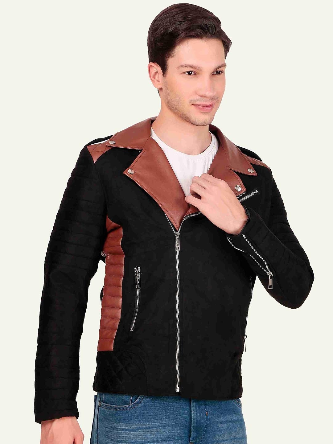 

Leather Retail Men Solid Suede Leather Biker Jacket, Black