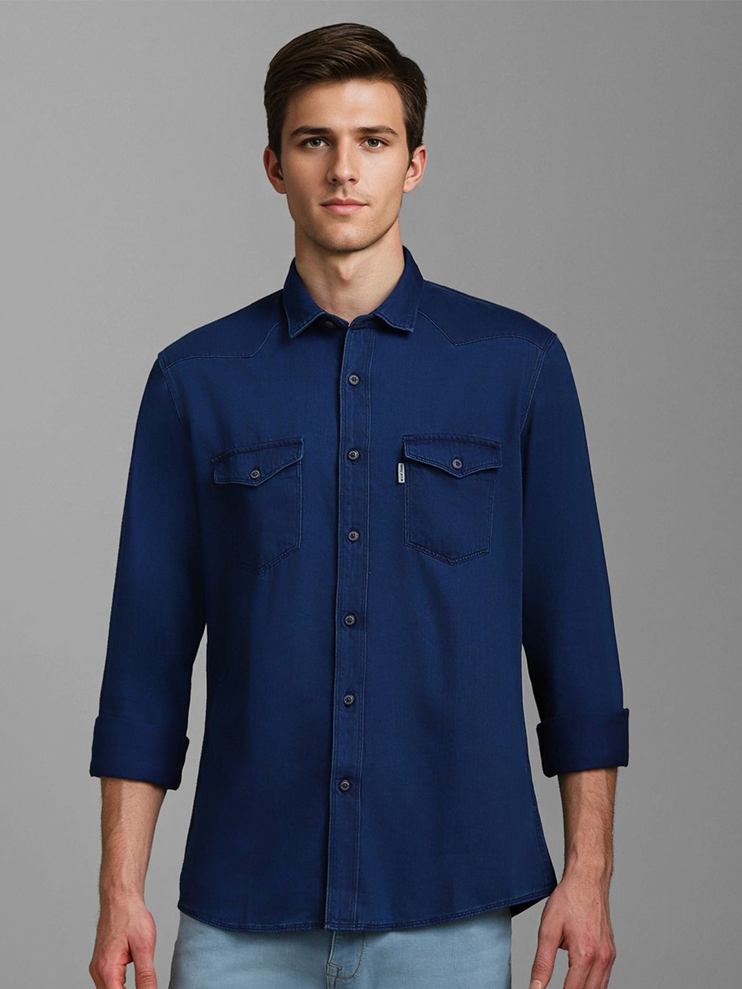 

Louis Philippe Jeans Men Spread Collar Solid Cotton Casual Shirt, Navy blue