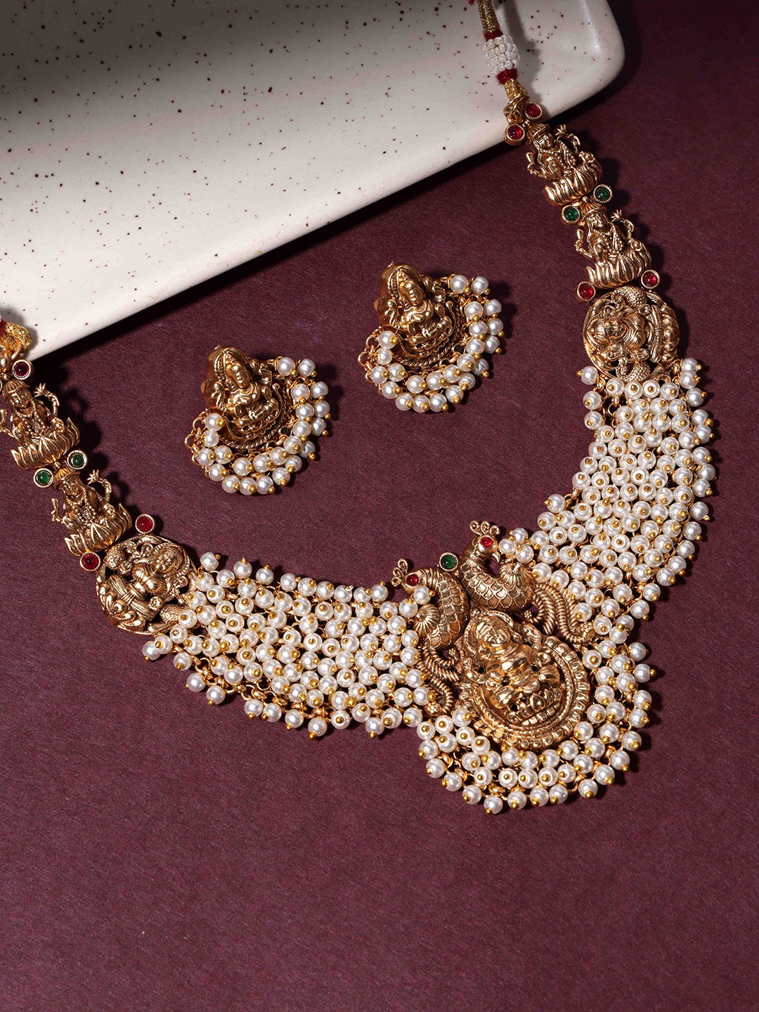 

PANASH Gold-Plated Stones Studded & Beaded Necklace & Earrings