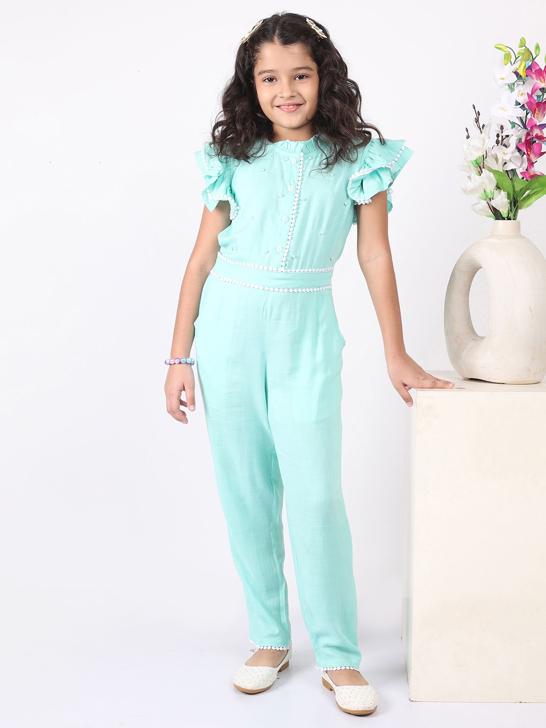 

SILK SPARROW Girls Basic Jumpsuit with Ruffles, Sea green