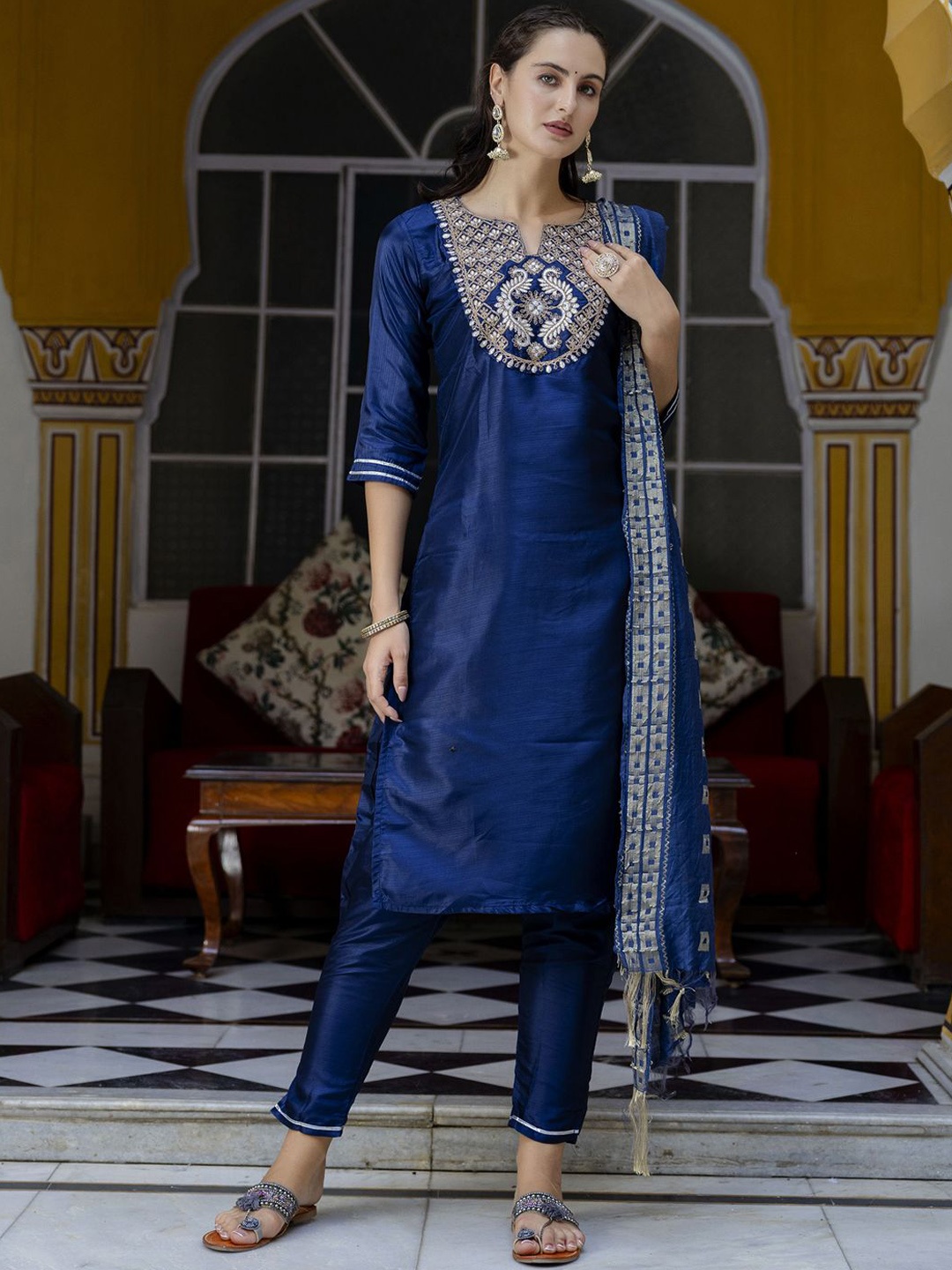 

VredeVogel Floral Embroidered Round Neck Straight Kurta With Trouser With Dupatta, Navy blue