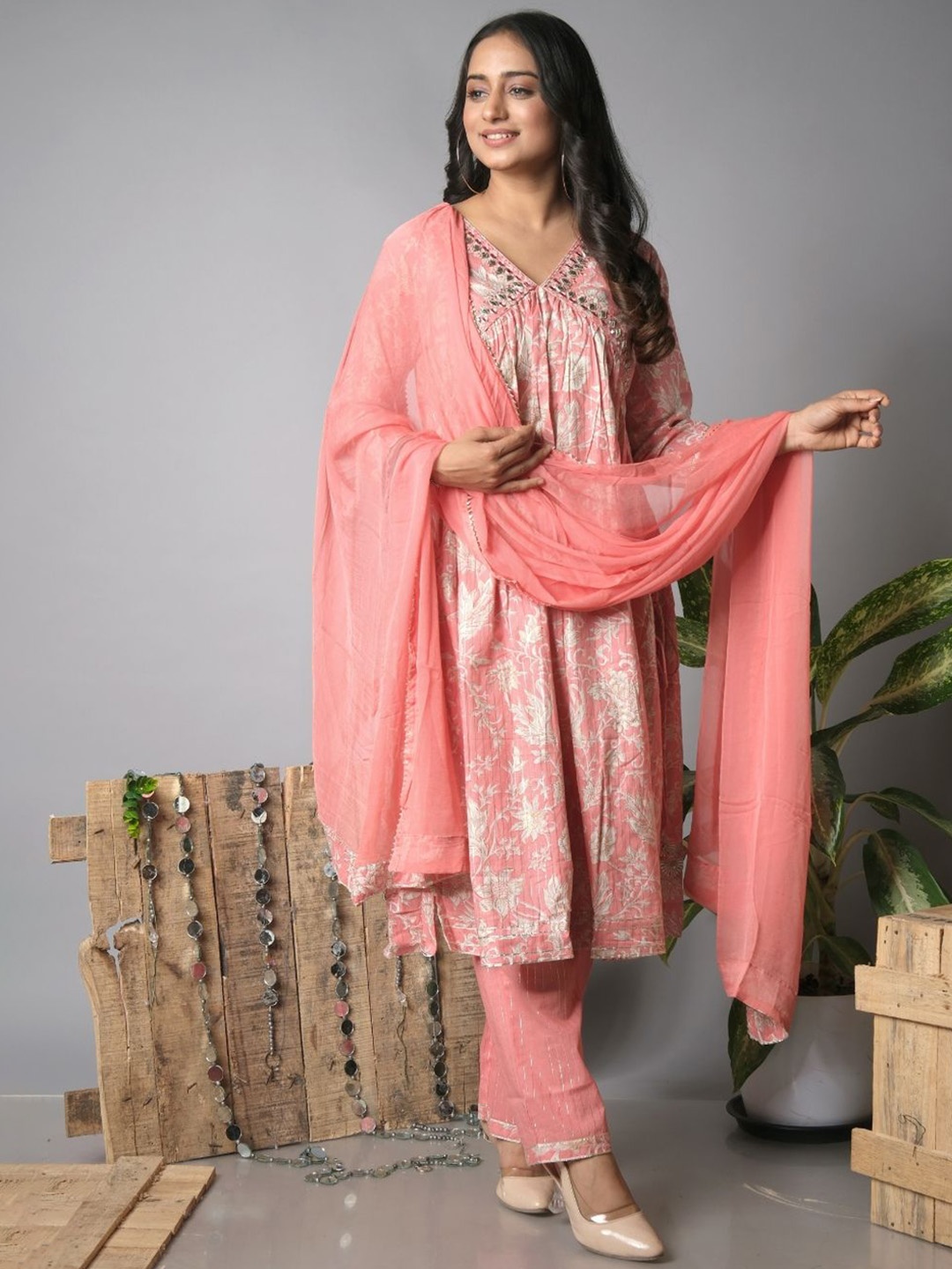 

EKISHA Floral Printed Mirror Work V-Neck Pure Cotton Kurta with Trouser & Dupatta, Peach