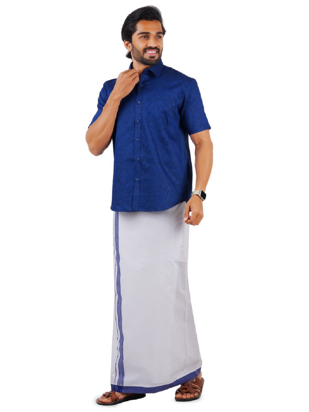 

Ramraj Pure Cotton Shirt With Adjustable Dhoti, Blue