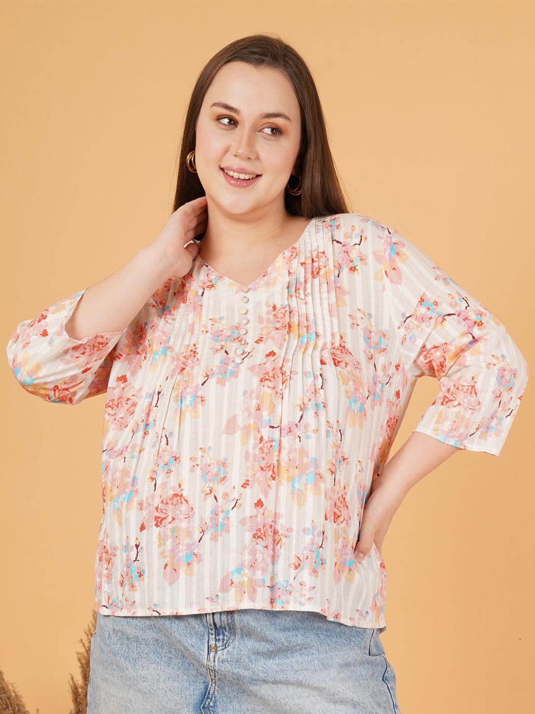

Sztori Women Floral Printed V-Neck Cotton Plus Size Top, Off white