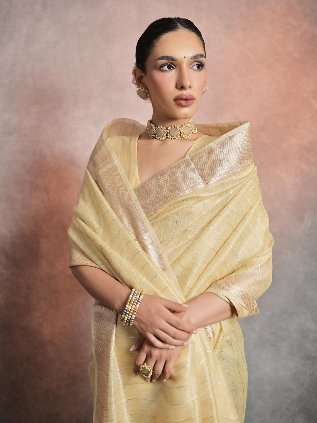 

Kandora Striped Zari Pure Silk Banarasi Saree, Yellow