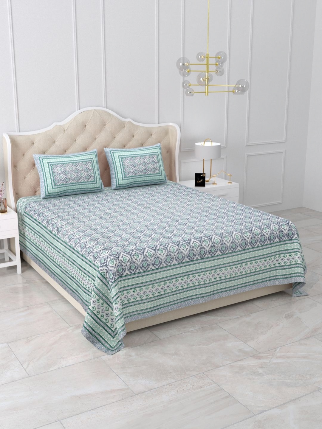 

Qfab Blue Ethnic Motifs 220 TC Queen Bedsheet with 2 Pillow Covers 2.20 x 2.59 Mts