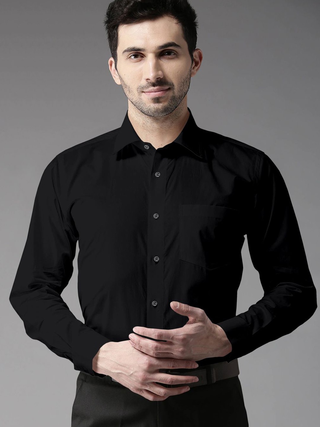 

STUDIO NEXX Men Standard Spread Collar Solid Cotton Slim Fit Formal Shirt, Black