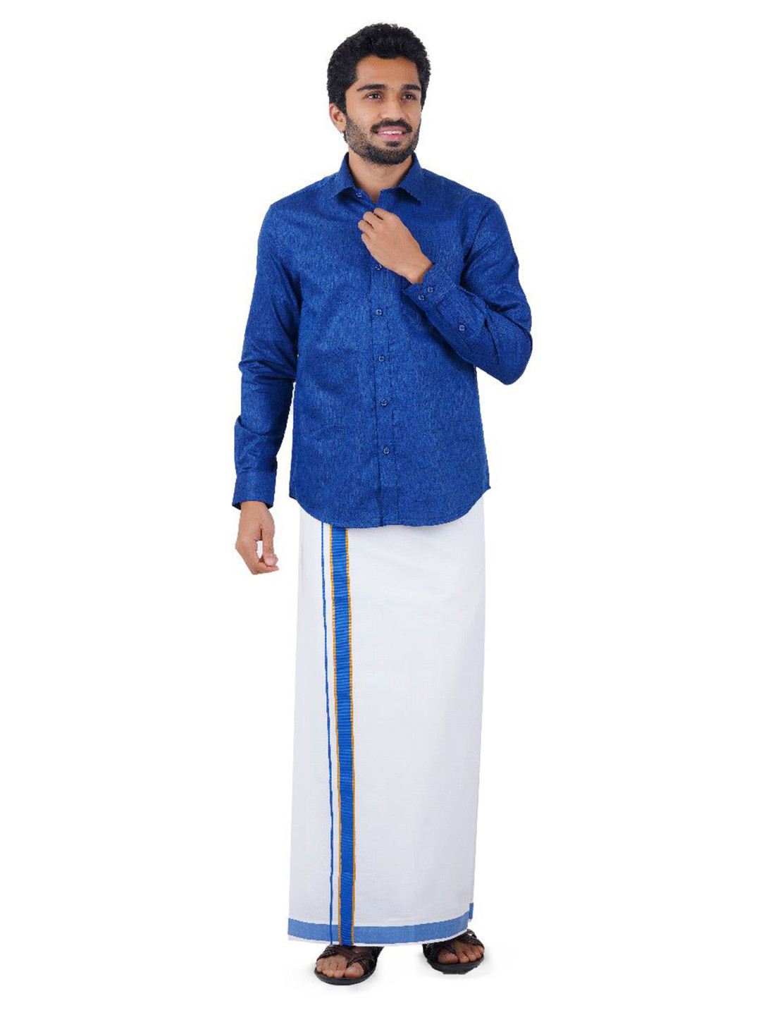 

Ramraj Men Pure Cotton Shirt With Adjustable Dhoti, Blue