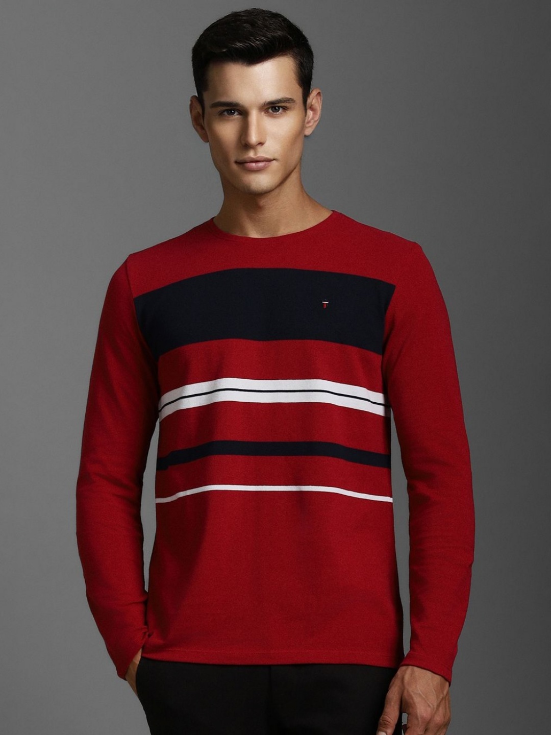 

Louis Philippe Sport Men Striped Pure Cotton Slim Fit T-shirt, Maroon