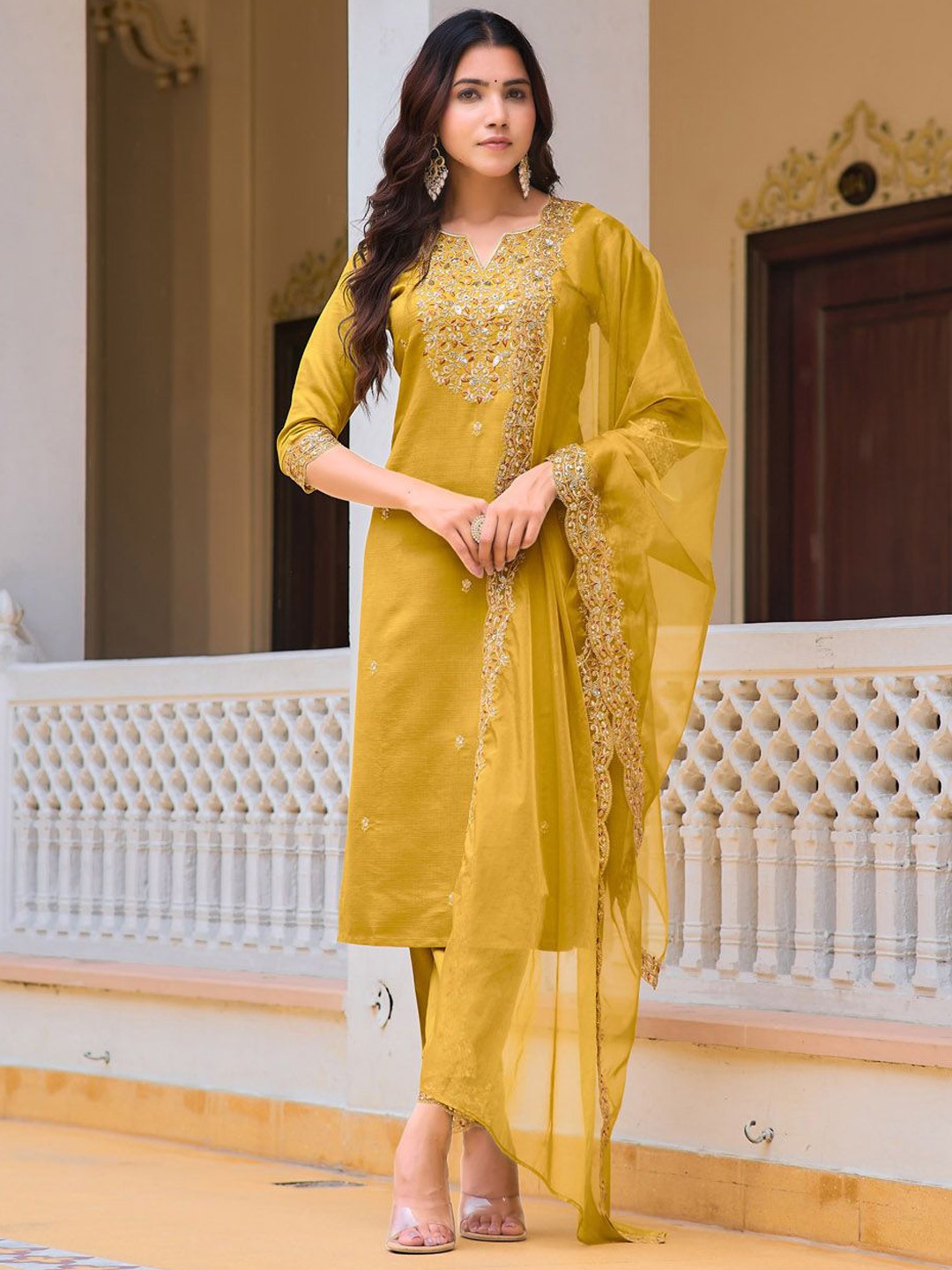 

KALINI Women Ethnic Motifs Embroidered Regular Sequinned Chanderi Cotton Kurta with Trousers & With Dupatta, Mustard