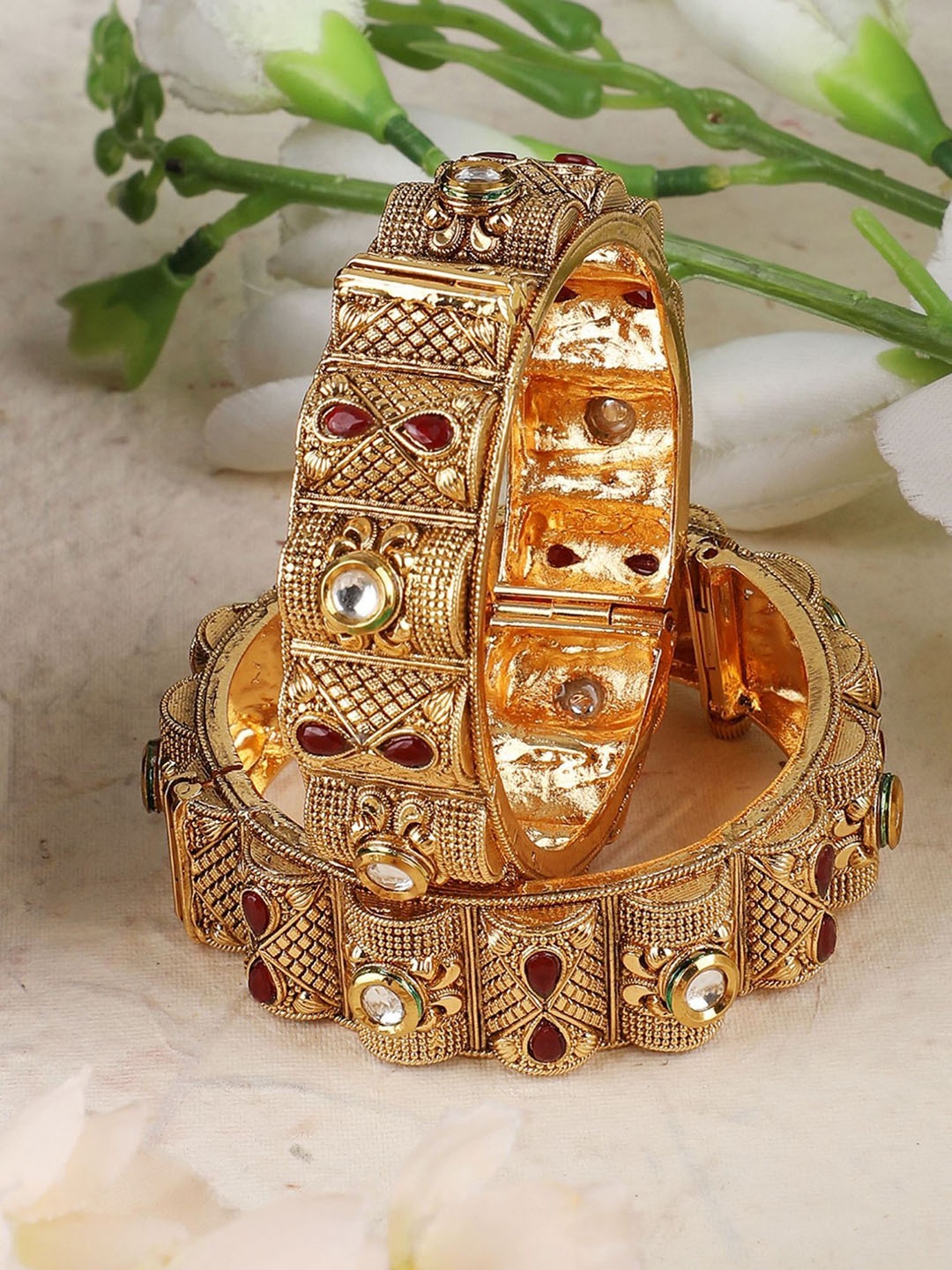 

ANIKAS CREATION Set Of 2 Kundan Stone Studded 24 CT Gold-Plated Bangles