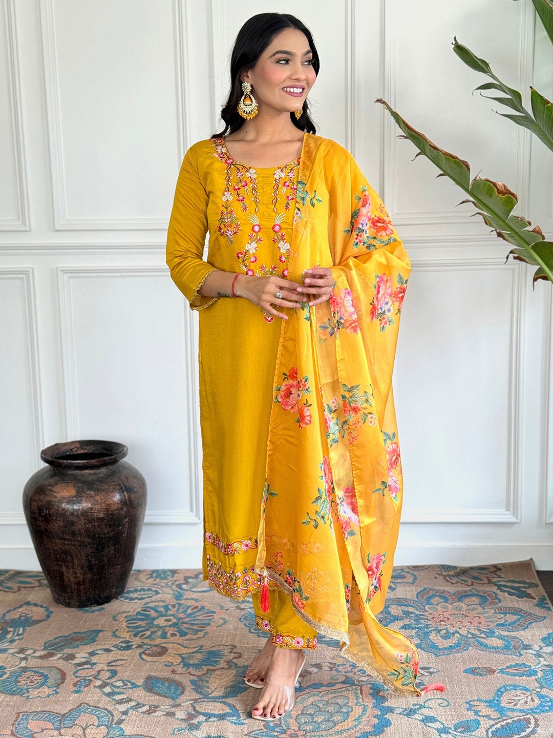 

NIZA FASHION Women Embroidered Thread Work Kurta With Trousers & Dupatta, Yellow