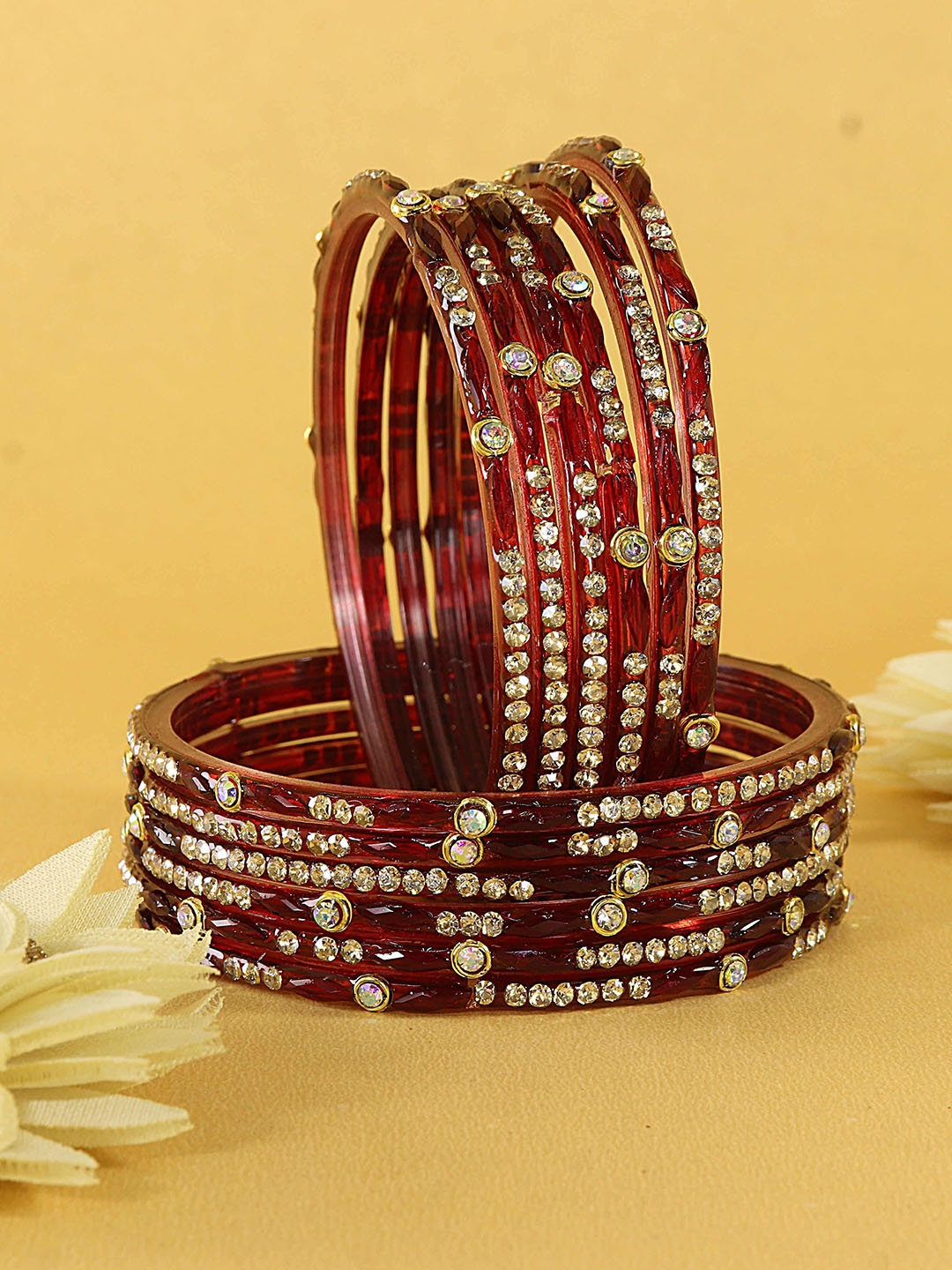 

LAVAZZA Set Of 12 Golden Zircon Diamond And Beaded Glass Bangles, Maroon