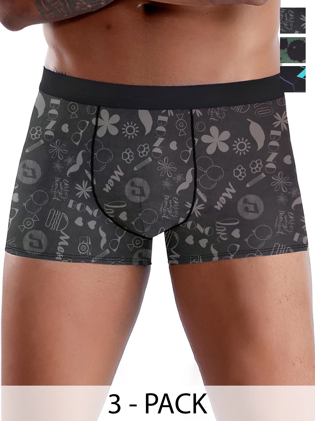 

DISPENSER Pack Of 3 Men Printed Breathability Trunk, Black