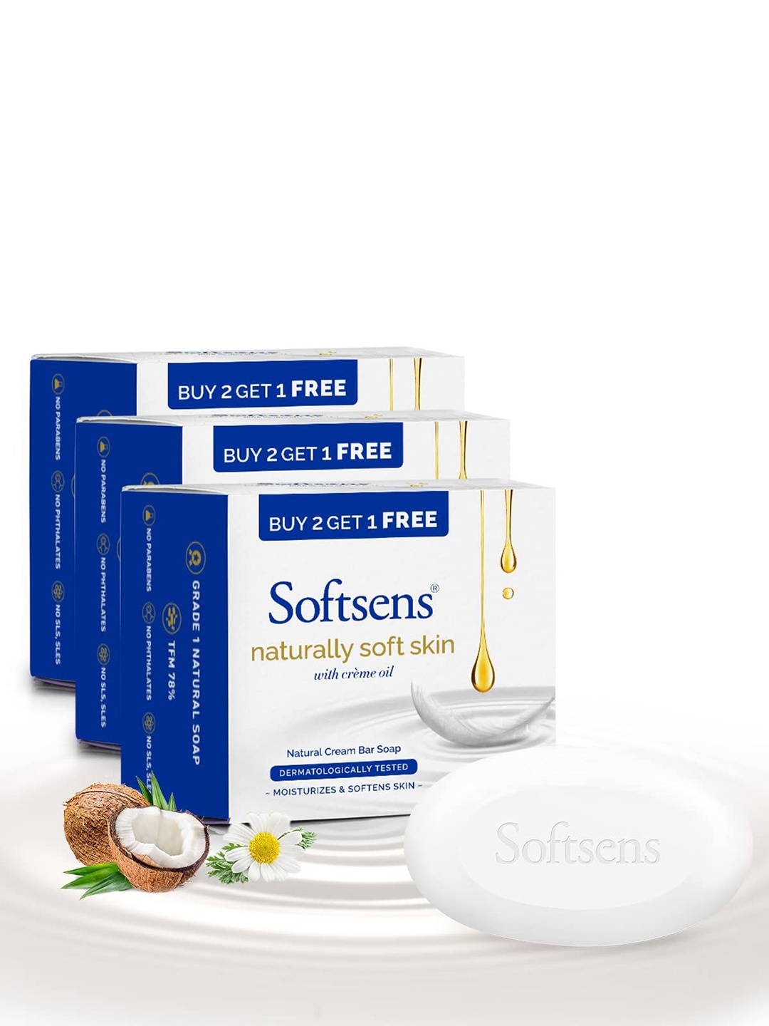 

Softsens Set Of 3 Naturally Soft Skin Cream Bar Soap - 100g Each -9-Soaps, White