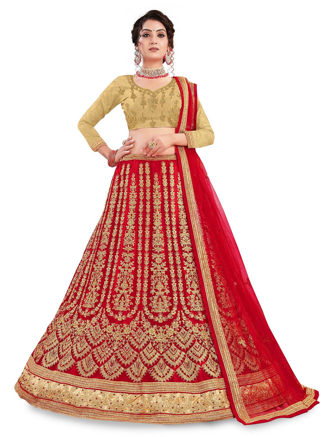 

Maroosh Embroidered Thread Work Unstitched Lehenga & Blouse With Dupatta, Red