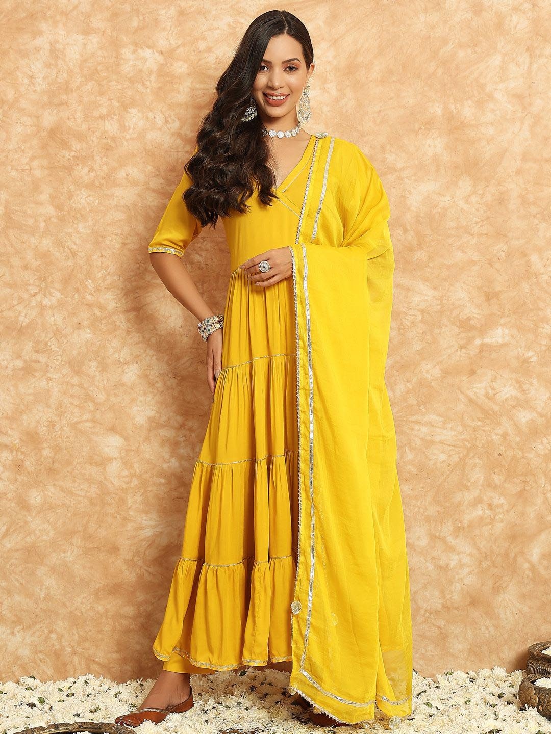 

DIVINATION V-Neck Regular Pure Cotton Anarkali Kurta With Trouser With Dupatta, Yellow