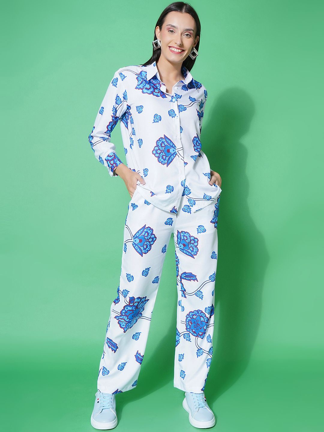 

KATLINE Women Floral Printed Shirt With Trouser Co-Ords Set, White