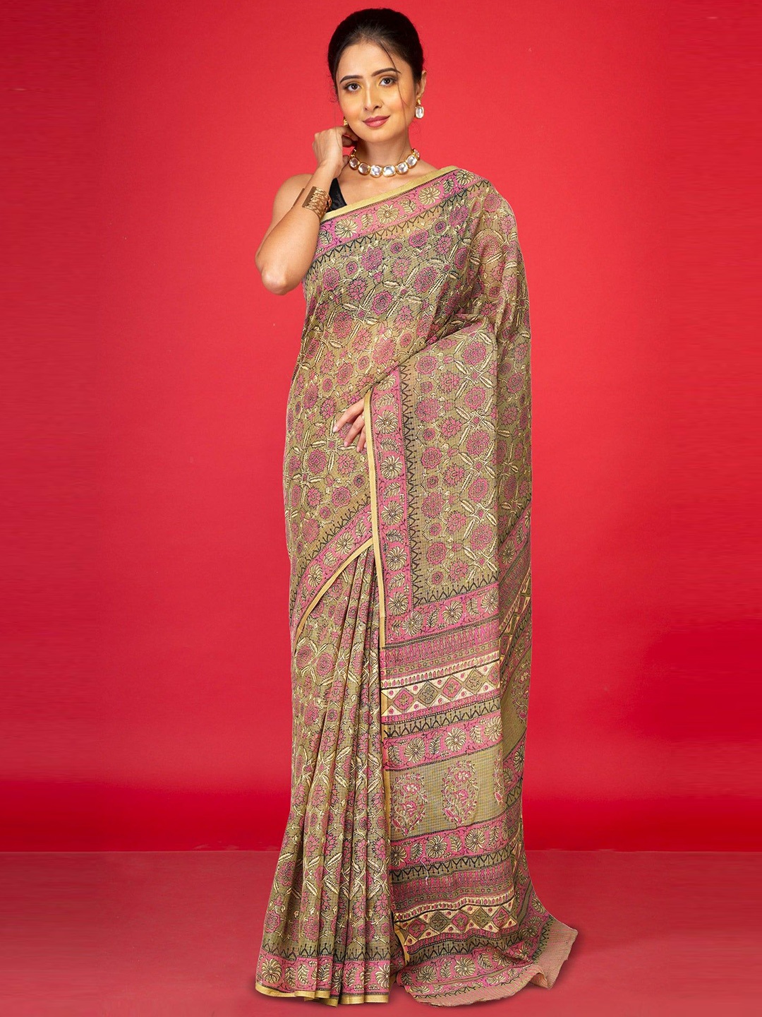 

Unnati Silks Ethnic Motifs Net Handloom Kota Saree, Olive