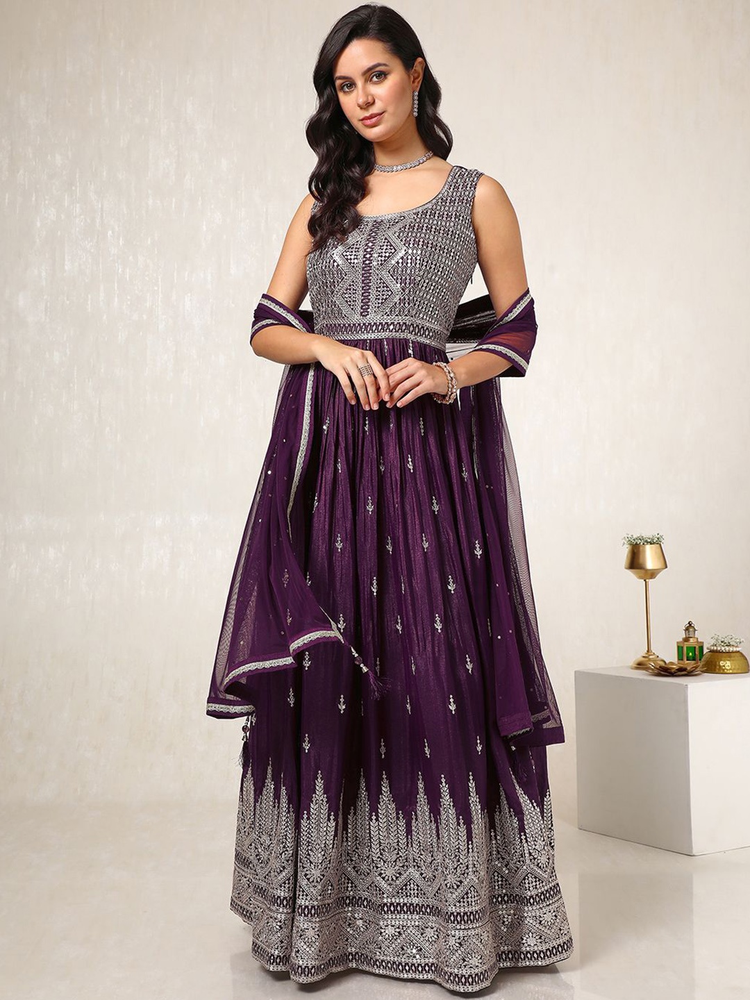 

Soch Geometric Embroidered Regular Sequinned Anarkali Kurta & Churidar With Dupatta, Purple