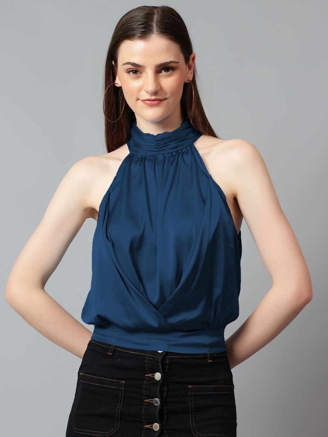 

Kotty Women Solid Halter Neck Satin Top, Navy blue
