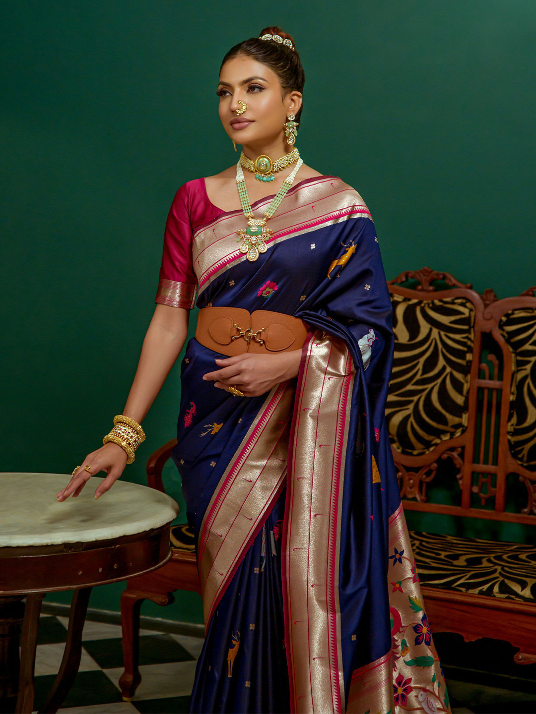 

Kandora Ethnic Motifs Zari Pure Silk Paithani Saree, Navy blue
