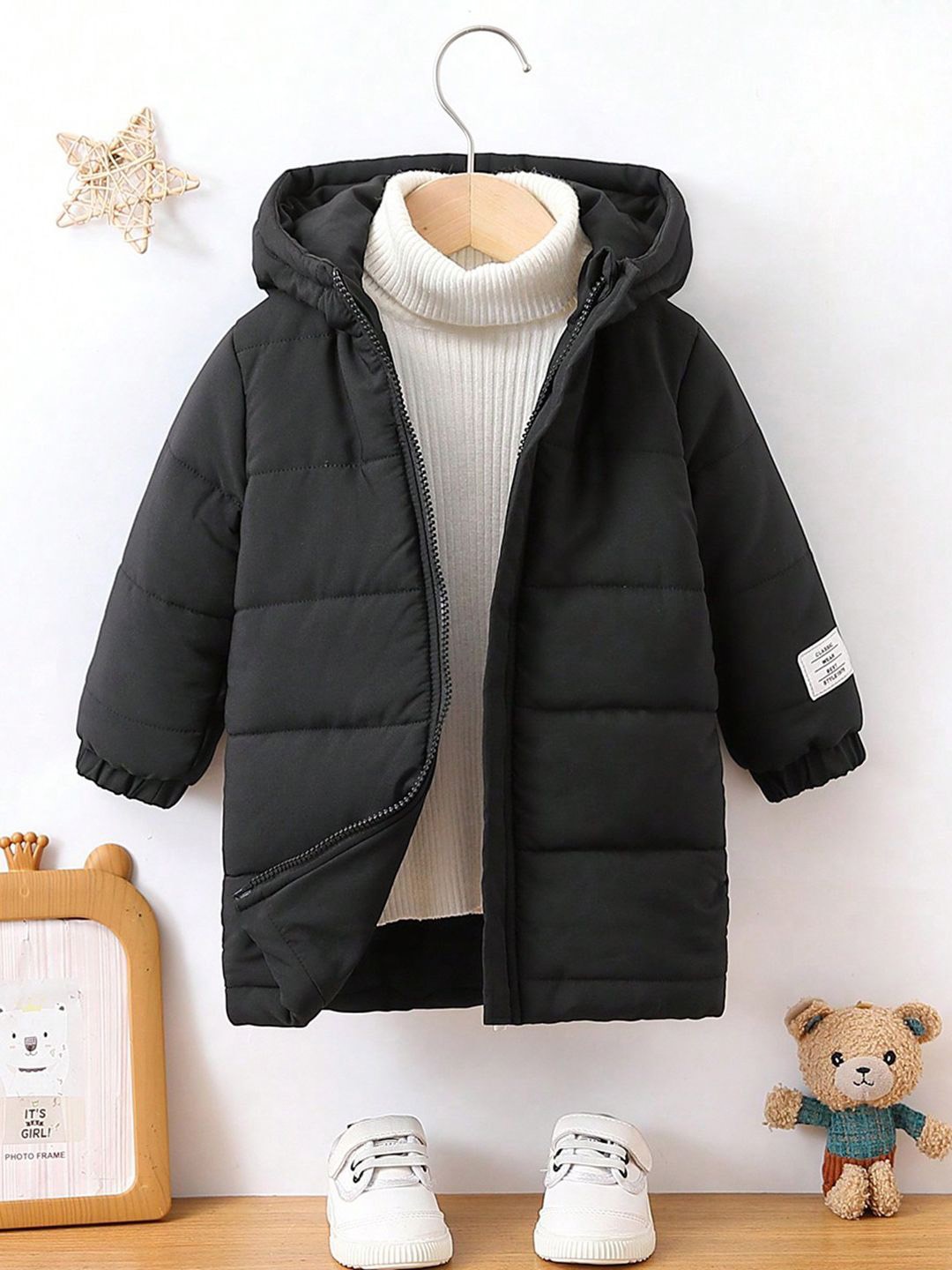 

INCLUD Girls Longline Open Front Jacket, Black