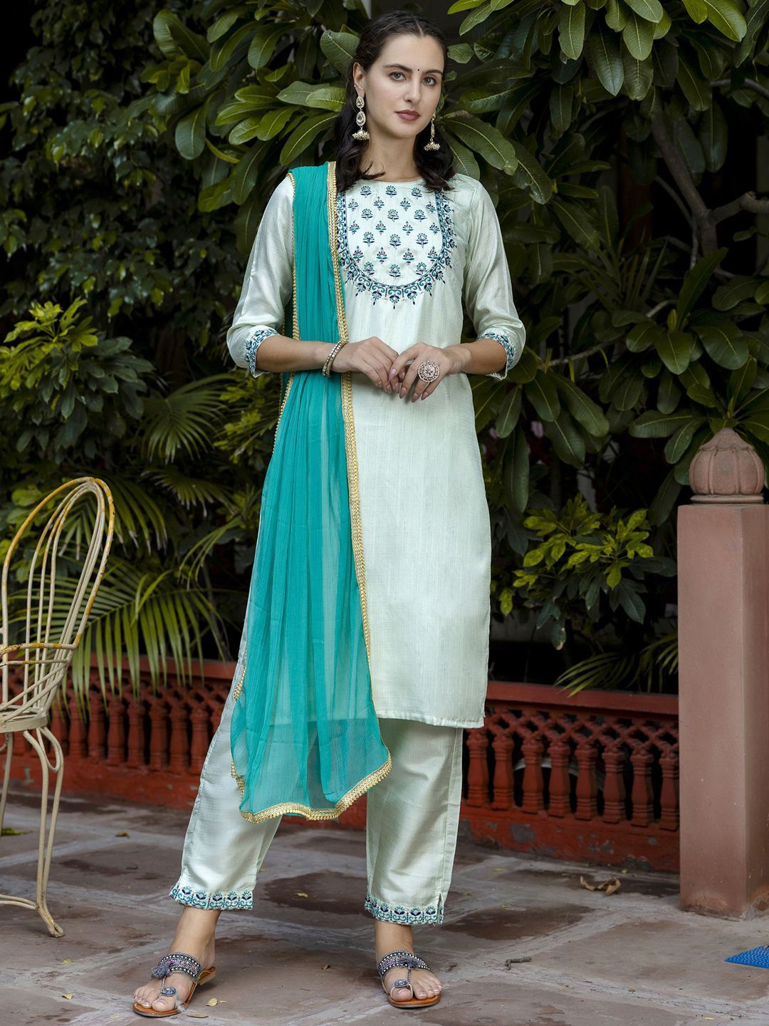 

VredeVogel Floral Embroidered Round Neck Regular Kurta With Trouser With Dupatta, Blue