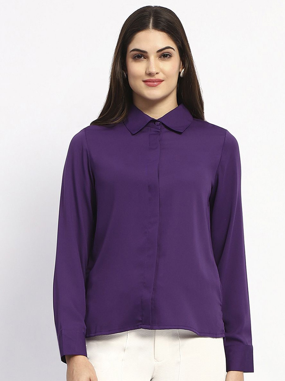 

Madame Women Spread Collar Solid Casual Shirt, Purple