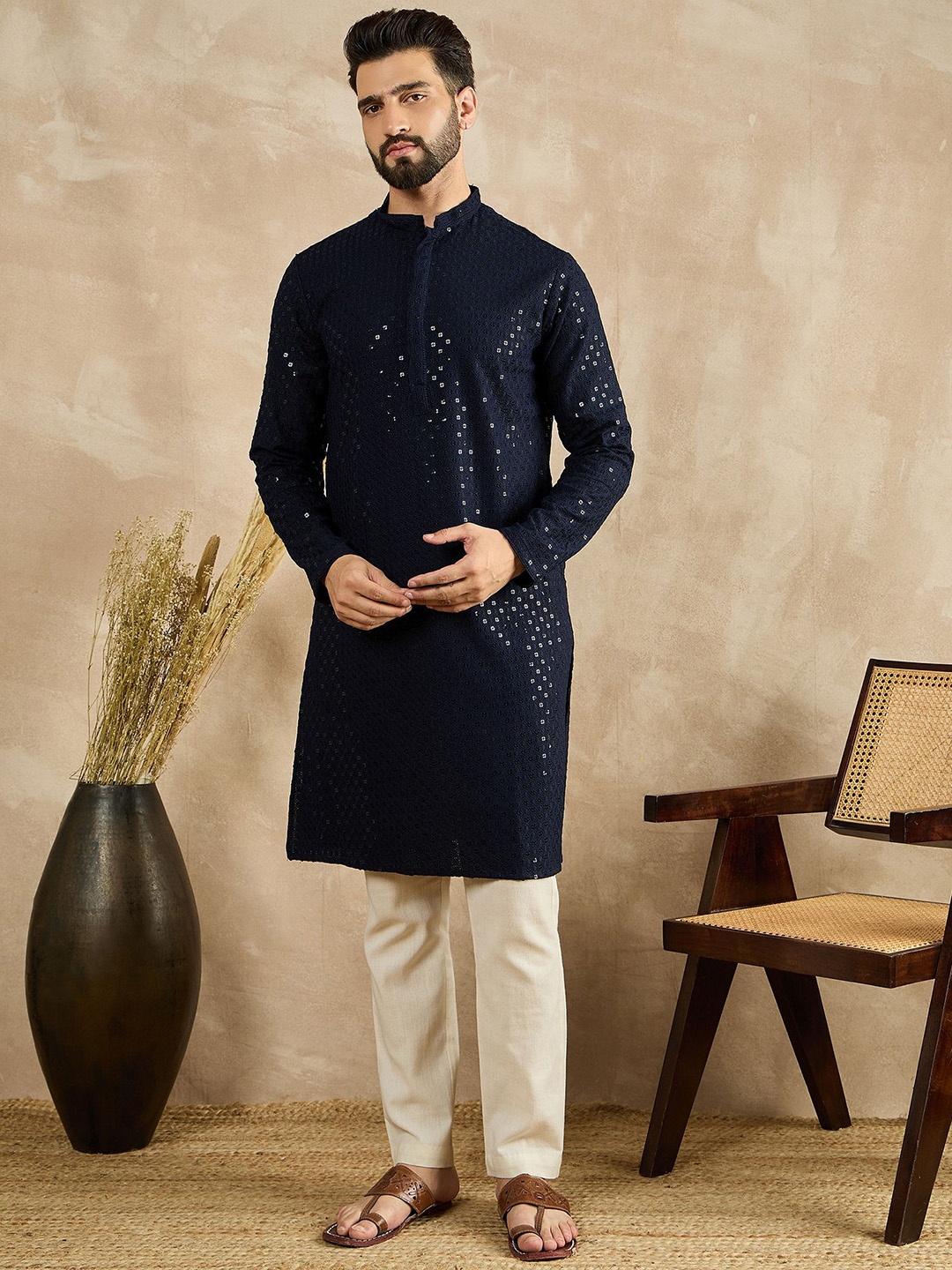 

House of Pataudi Embroidered Straight Kurtas, Navy blue