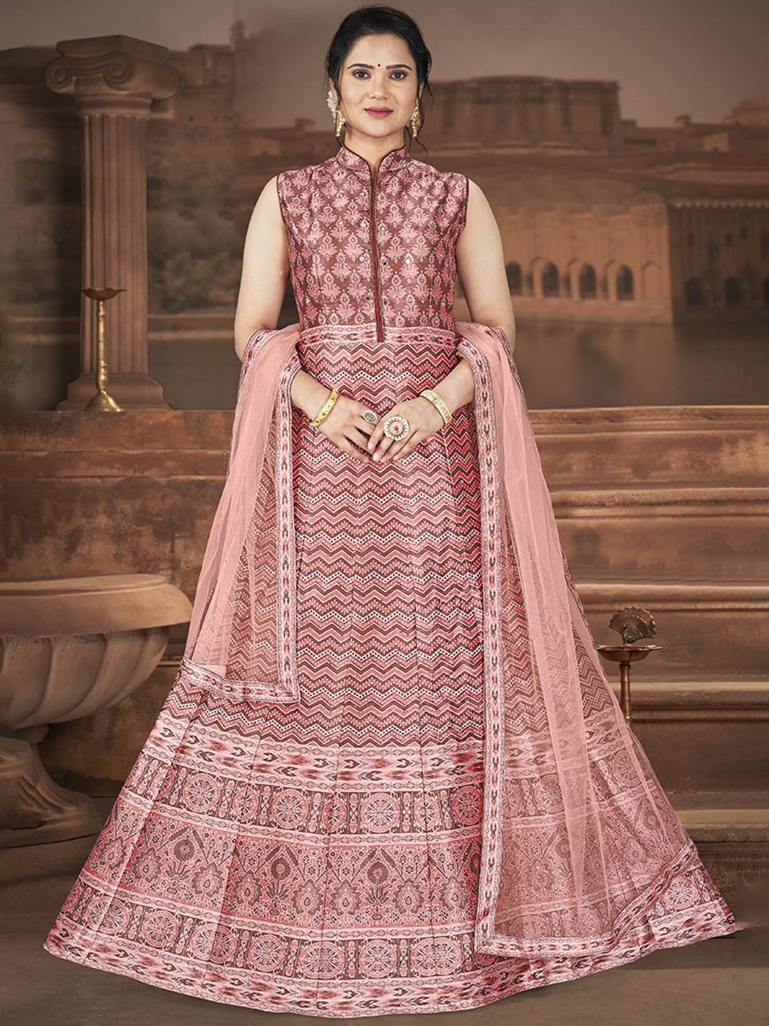 

Krimmple Women Printed Fit & Flared Maxi Ethnic Dress With Dupatta, Maroon