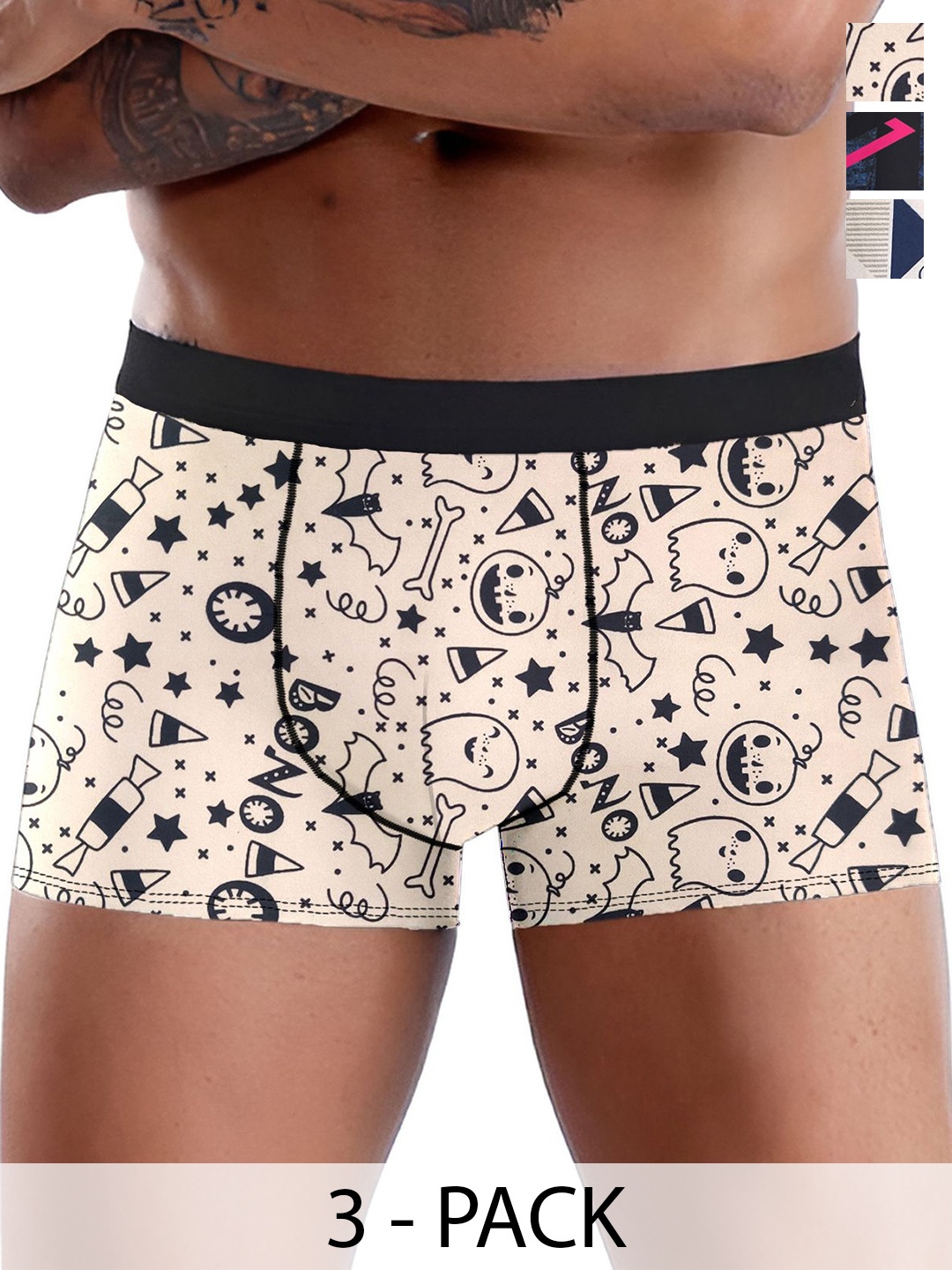 

DISPENSER Pack Of 3 Men Printed Trunks V1-C10-C5-C6-L, White