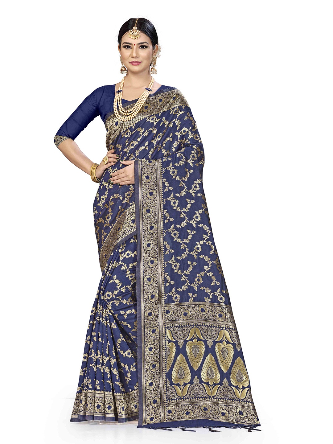 

Maroosh Floral Zari Silk Banarasi Saree, Navy blue