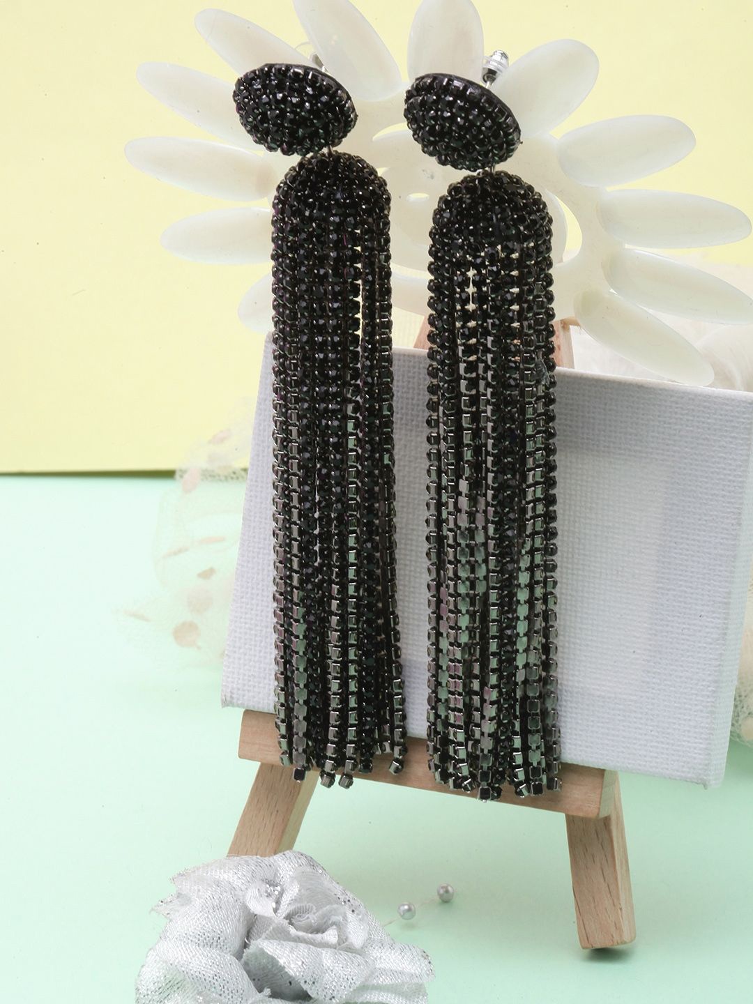 

KPOP Contemporary Rhinestone Drop Earrings, Black