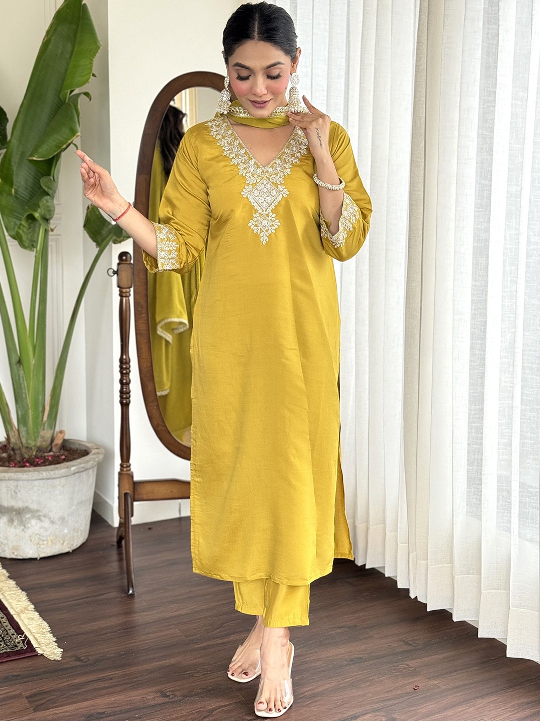 

KALINI Embroidered Thread Work Chanderi Silk Straight Kurta with Trouser & Dupatta, Yellow