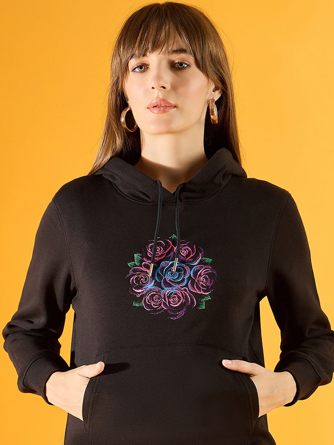 

98 Degree North Women Floral Embroidered Hood Fleece Pullover Sweatshirt, Black