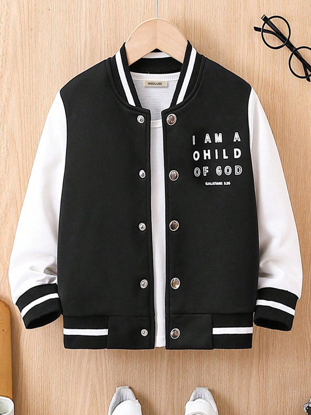 

INCLUD Boys Colourblocked Varsity Jacket, Black