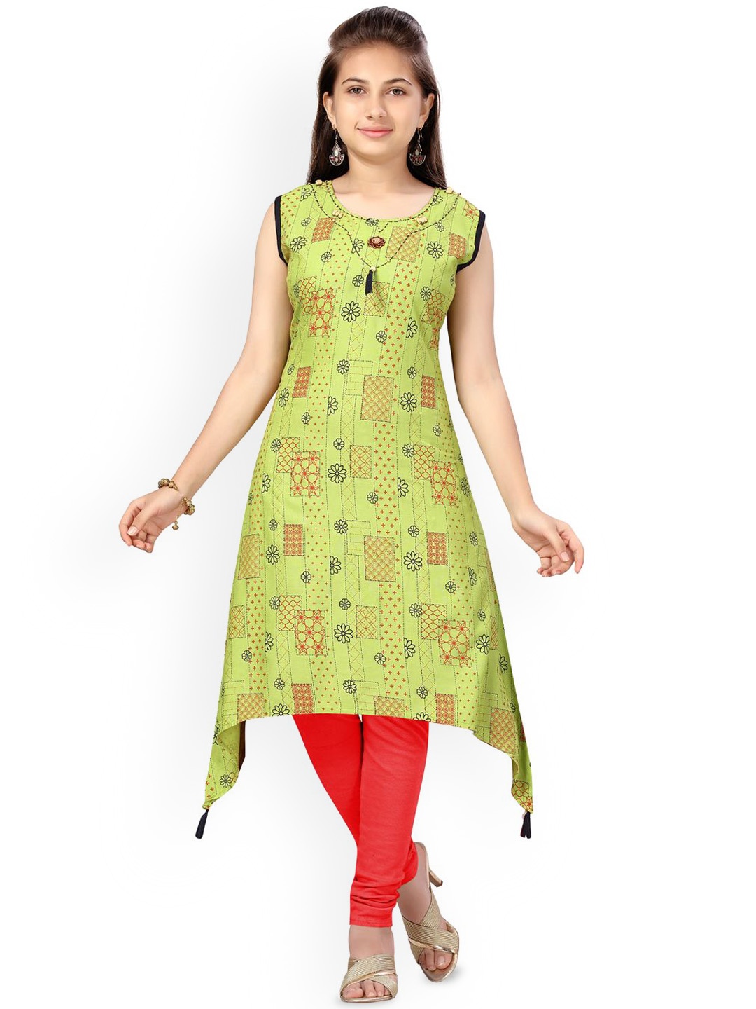 

BAESD Girls Quirky Printed Gotta Patti Kurta, Green