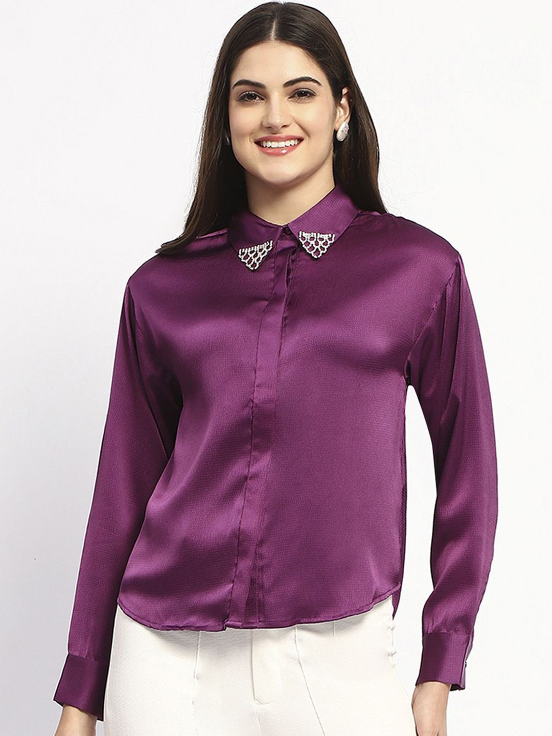 

Madame Women Solid Spread Collar Casual Shirt, Purple