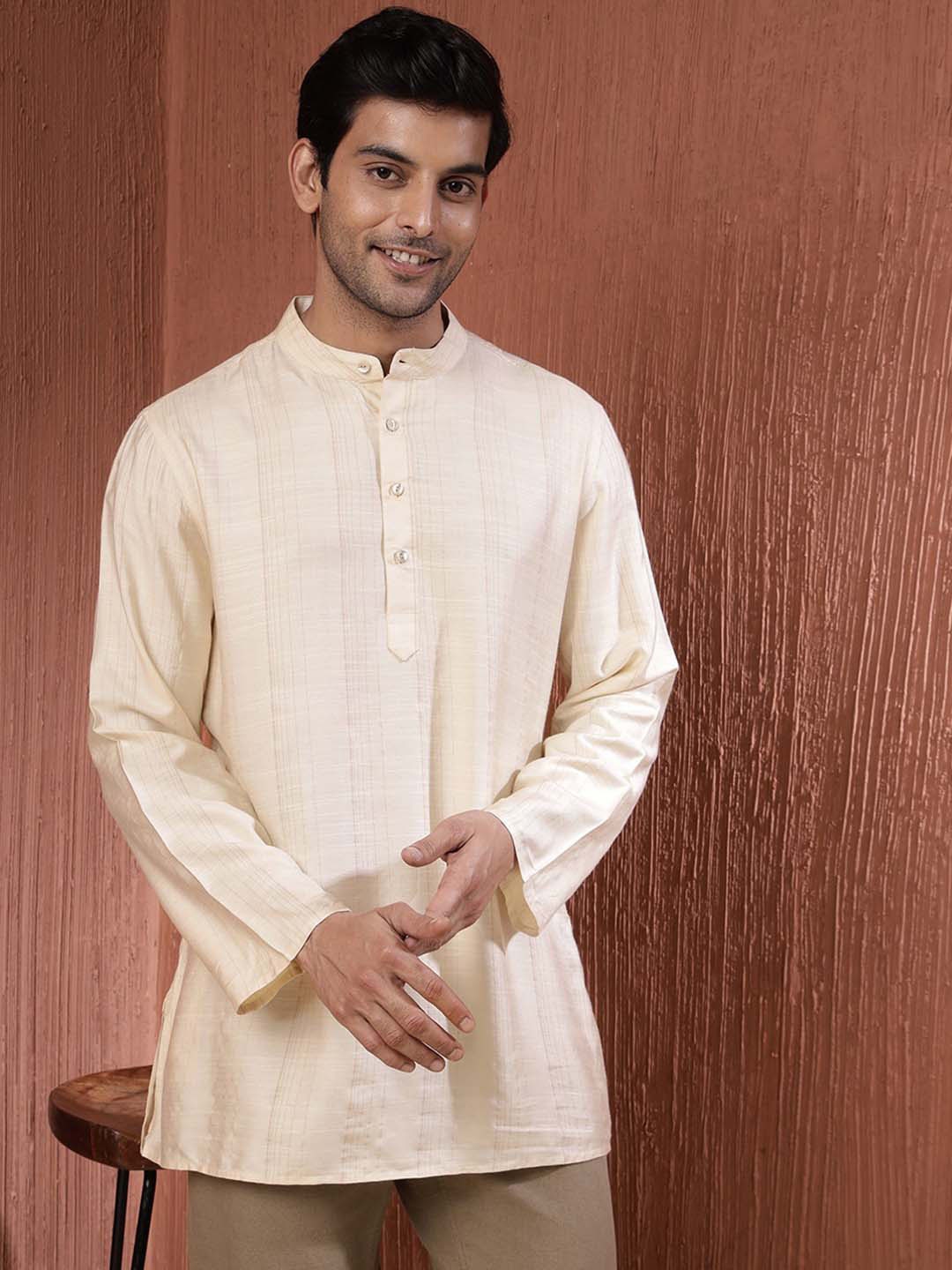 

Fabindia Men Striped Thread Work Kurta, Off white