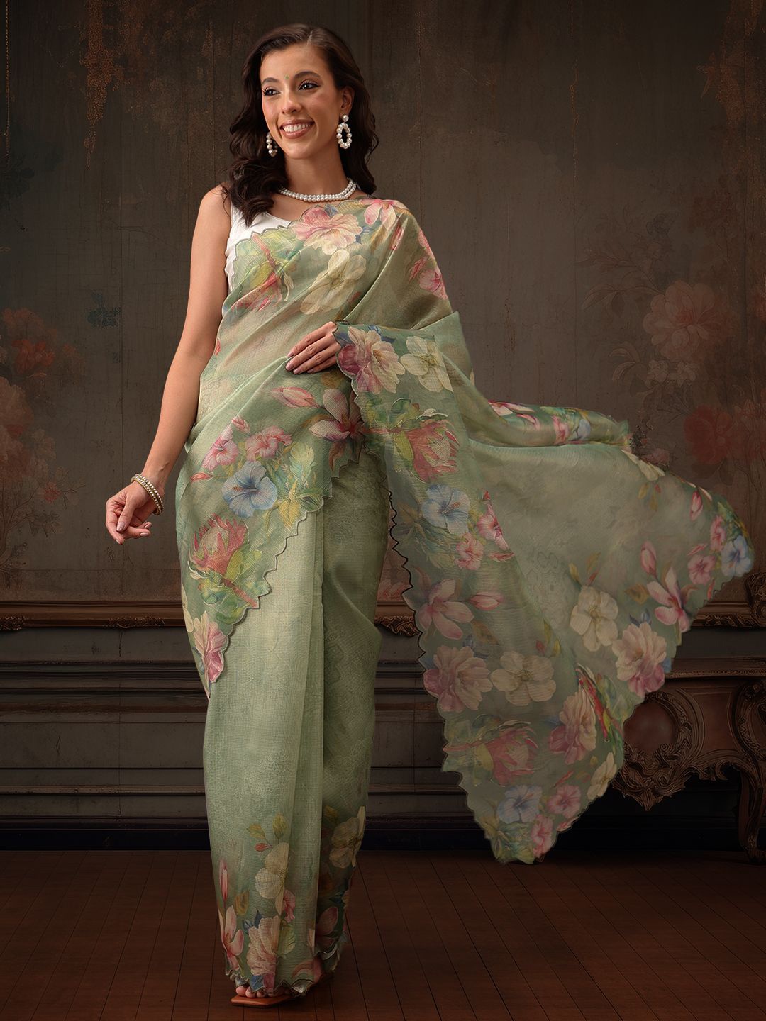 

Silk Land Floral Tissue Kota Saree, Green