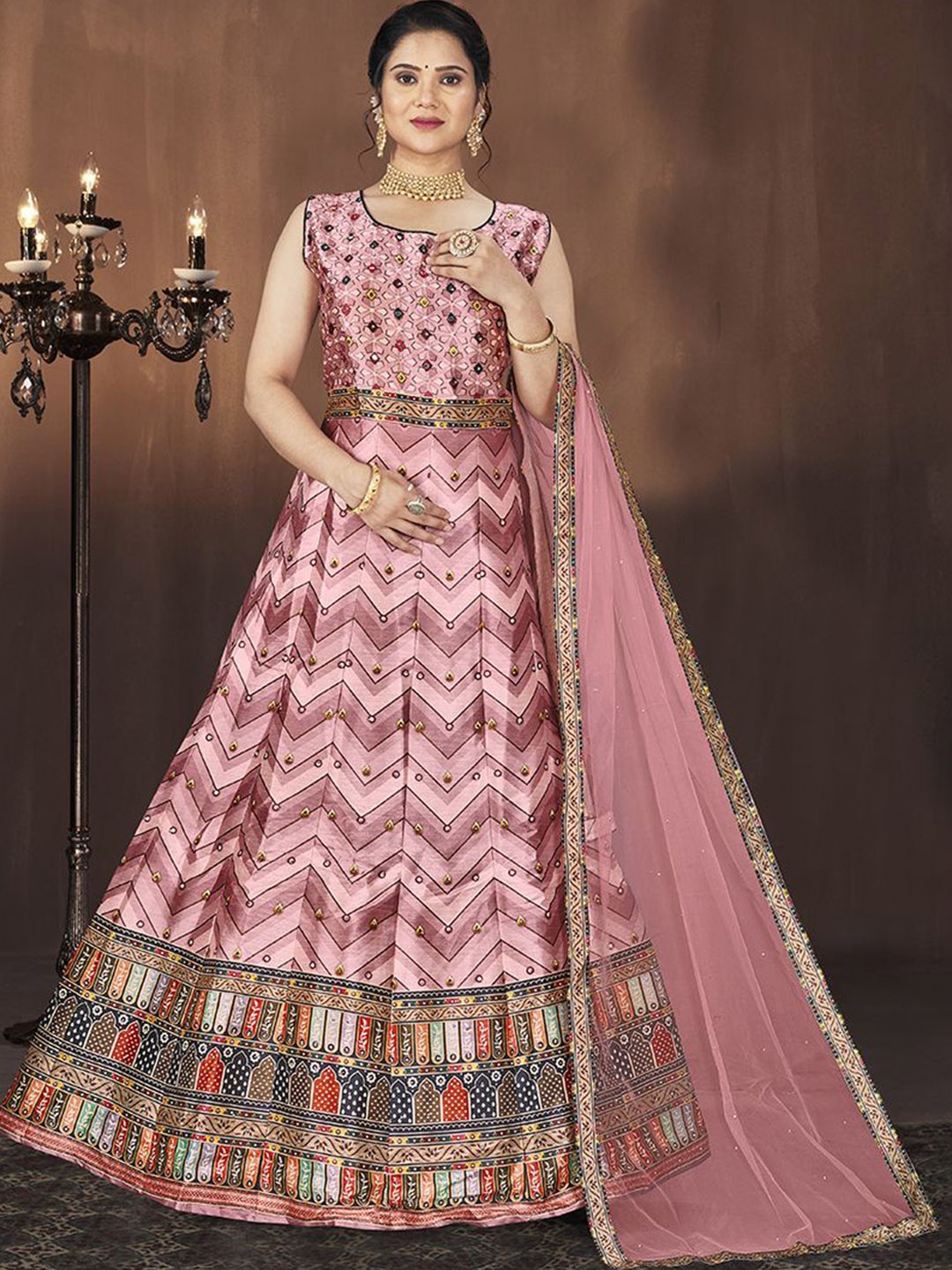 

Krimmple Women Printed Sleeveless Maxi Ethnic Dress with Dupatta, Pink