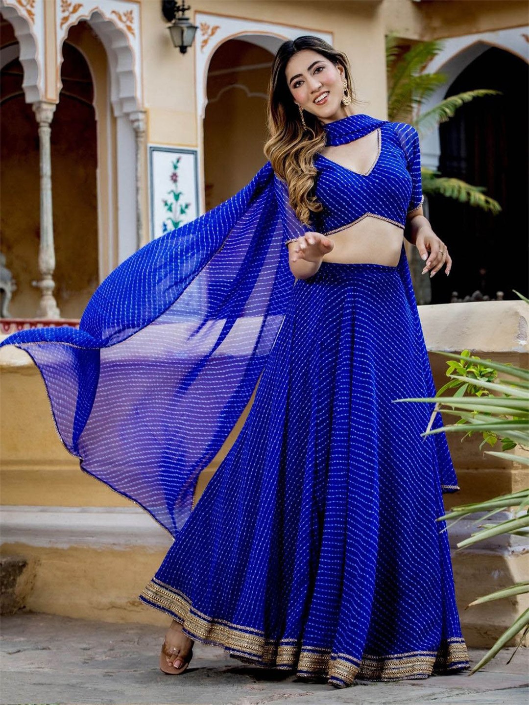 

ODETTE Leheriya Lace Zari Semi-Stitched Lehenga & Unstitched Blouse With Dupatta, Blue