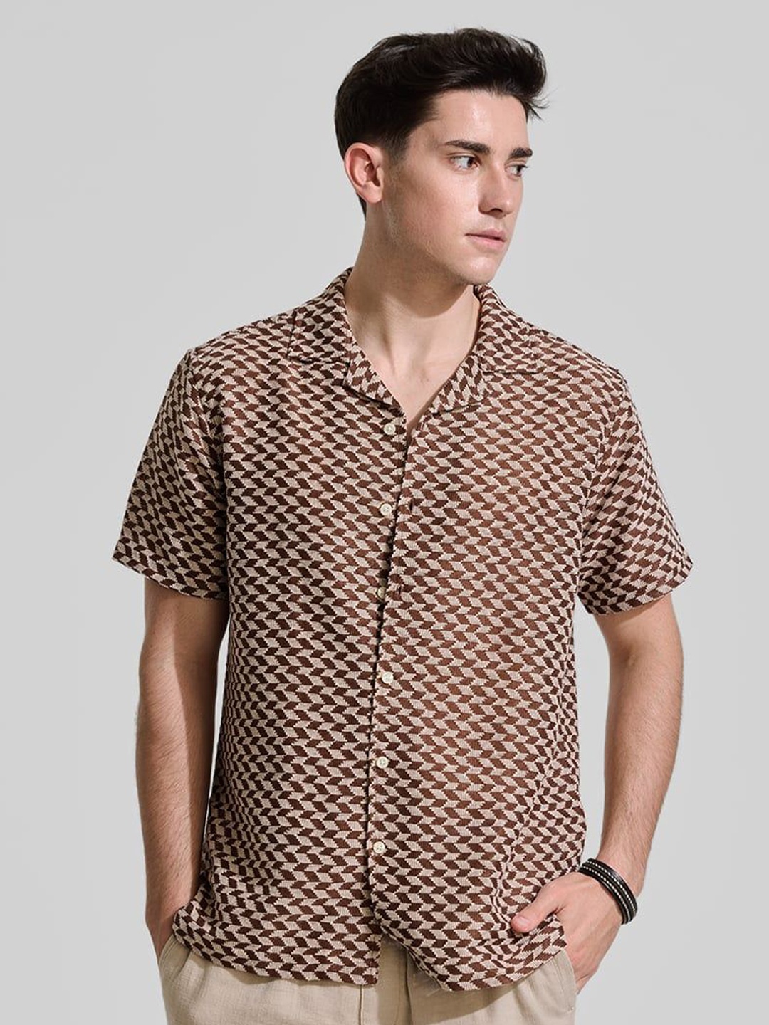 

Snitch Men Relaxed Cuban Collar Geometric Printed Cotton Casual Shirt, Brown